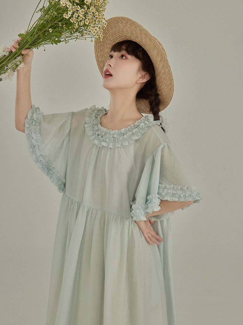 Micro-pearl wood ear edge Linen linen dress tea break skirt - One Piece Dresses - Cotton & Hemp Blue