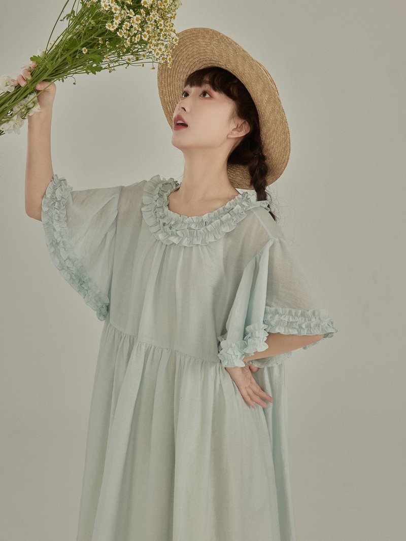 Micro-pearl wood ear edge Linen linen dress tea break skirt - ชุดเดรส - ผ้าฝ้าย/ผ้าลินิน สีน้ำเงิน