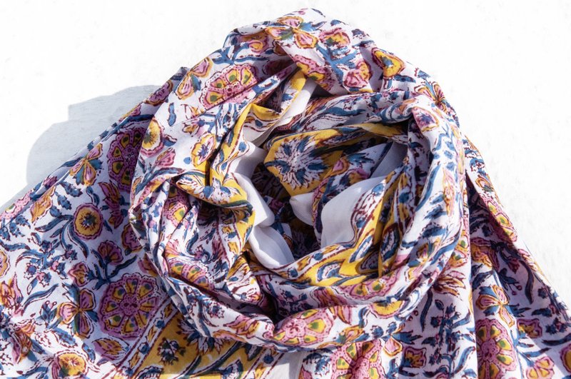 手織圍巾 編織圍巾 超大純綿絲巾 手工木刻印植物染圍巾 草木染棉 - 圍巾/披肩 - 棉．麻 多色