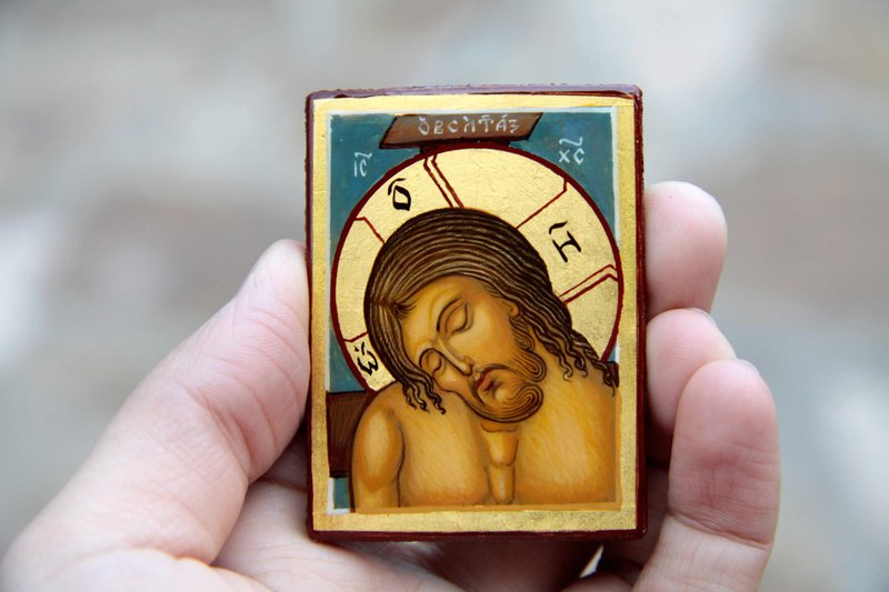 hand painted orthodox christian Jesus Christ in Tomb icon miniature religious - 其他 - 環保材質 藍色