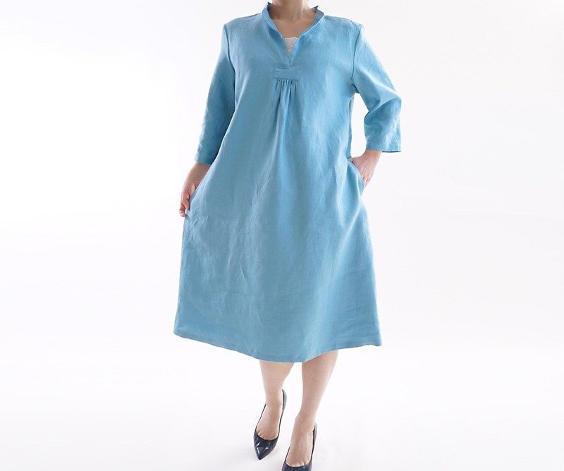Pale Belgian Linen Stand Collar One Piece Dress / Blue Porslaine a27-11 - One Piece Dresses - Cotton & Hemp Blue