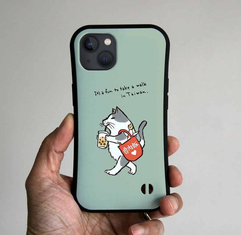 グリップiPhoneケース　台湾散歩猫　ブルーグレー - 手機殼/手機套 - 塑膠 灰色
