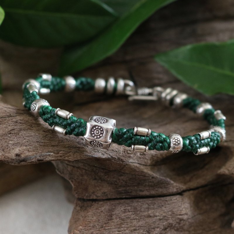 Handmade Braided Wax Cord Bracelet with Karen Silver Beads and Clasp, For Unisex - Bracelets - Sterling Silver Green