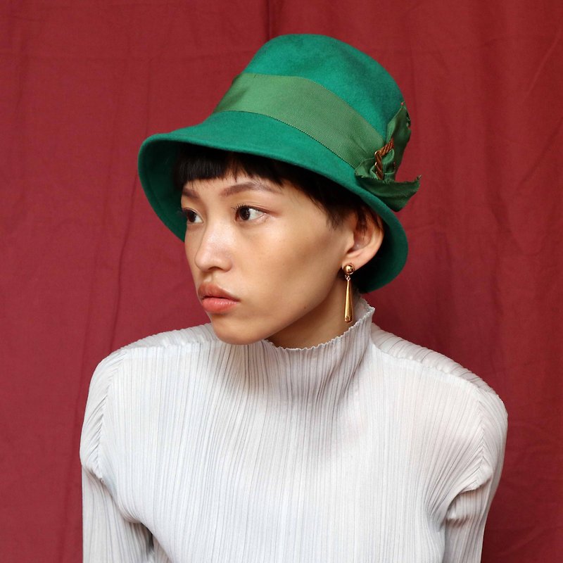 南瓜Vintage。1950's 古董 手工 綠色 金釦 緞帶 帽子 - 帽子 - 其他材質 綠色