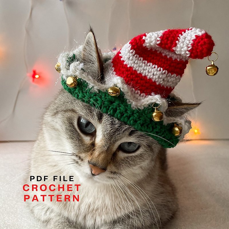 Cat hat, crochet pattern, Elf Santa hat, hat for cat small dog, crochet cat hat - Knitting, Embroidery, Felted Wool & Sewing - Other Materials 