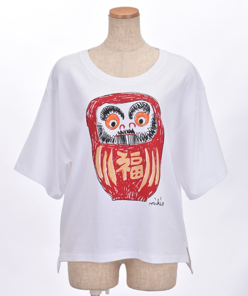 Daruma Women's Oversized T shirt Gold body Long back panel Red Black - เสื้อยืดผู้หญิง - ผ้าฝ้าย/ผ้าลินิน สีแดง