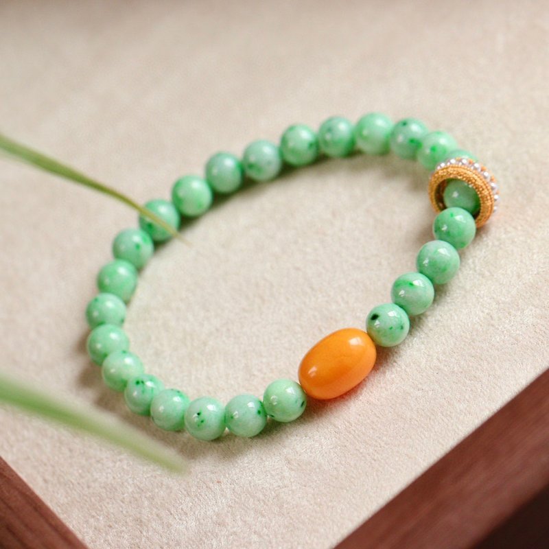 Natural A-grade jadeite bracelet, Guoyang green, Burmese old pit material jadeite with Wax, jujube beads and Silver running ring - Bracelets - Jade 