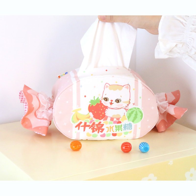 Assorted fruit candies 80s retro Showa cat tissue box printed fabric - Tissue Boxes - Polyester Multicolor