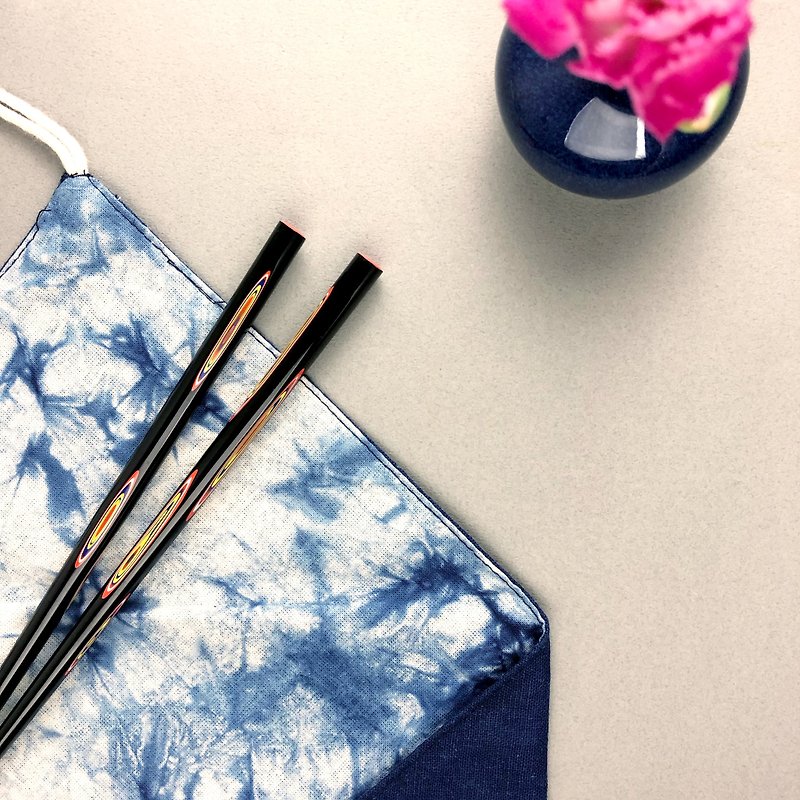 Customized blue dyed tableware gift box (cutlery bag, one chopsticks for life, free embroidery) - ช้อนส้อม - ผ้าฝ้าย/ผ้าลินิน สีดำ