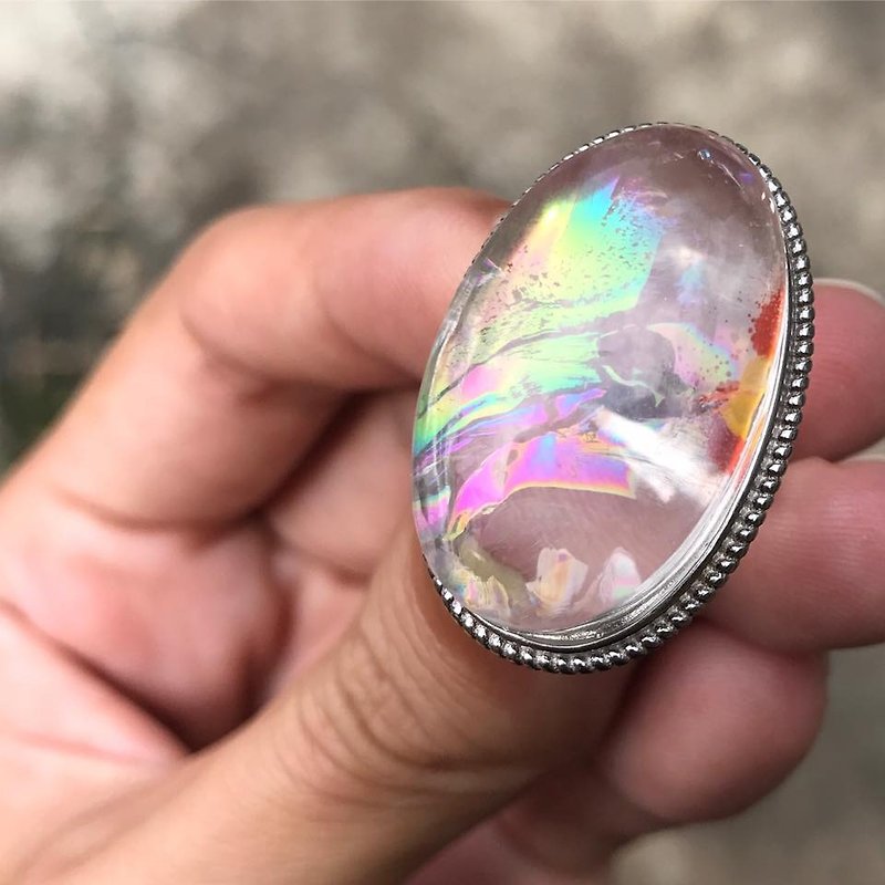【Lost And Find】Natural rainbow in quartz Amethyst diamond 925 ring - General Rings - Gemstone Multicolor