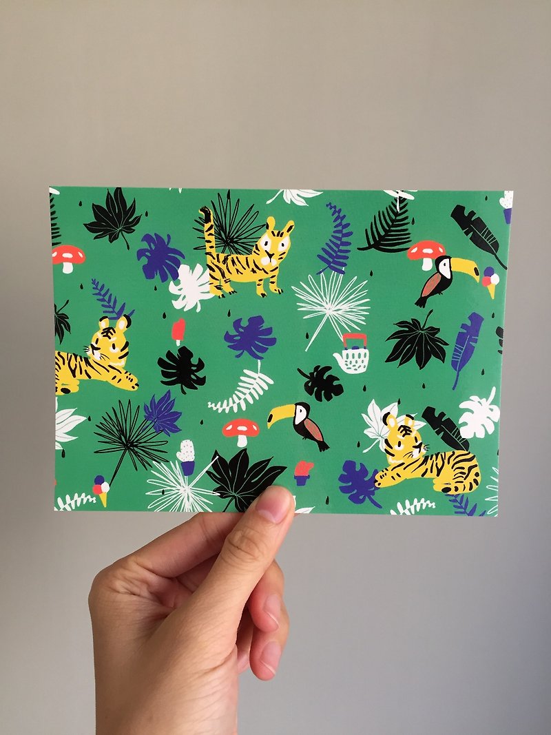 老虎與大嘴鳥的熱帶雨林下午茶 明信片 - 卡片/明信片 - 紙 綠色