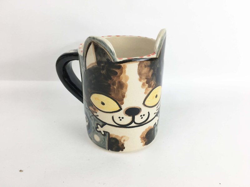 Nice Little Clay Handmade Ear Cup Flower Cat 0113-03 - Mugs - Pottery Multicolor