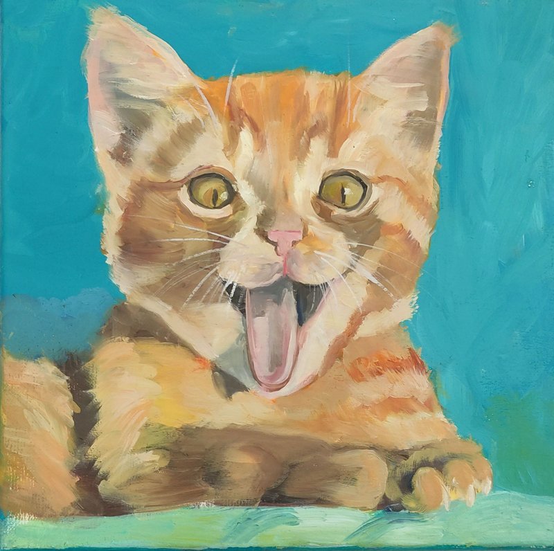 Kitten Original Art Red Cat Oil Painting Animal Pet Painting - ตกแต่งผนัง - วัสดุอื่นๆ สีส้ม