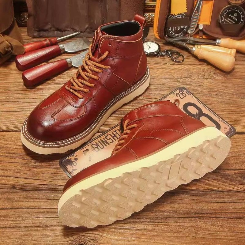 Winter Men's Martin Boots Retro Genuine Leather High-top Motorcycle Shoes - Men's Boots - Genuine Leather Brown