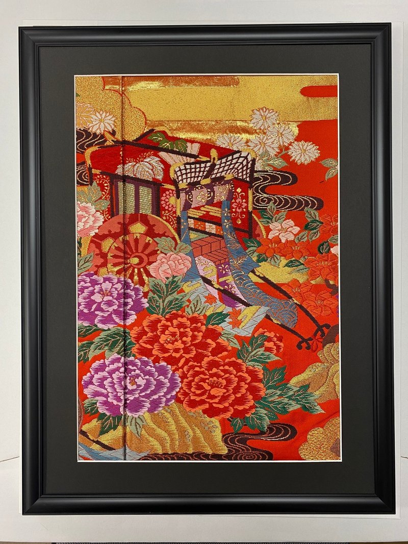 The art panel made from Japanese bride Kimono　GOSYO GURUMA　40 - Wall Décor - Silk Red