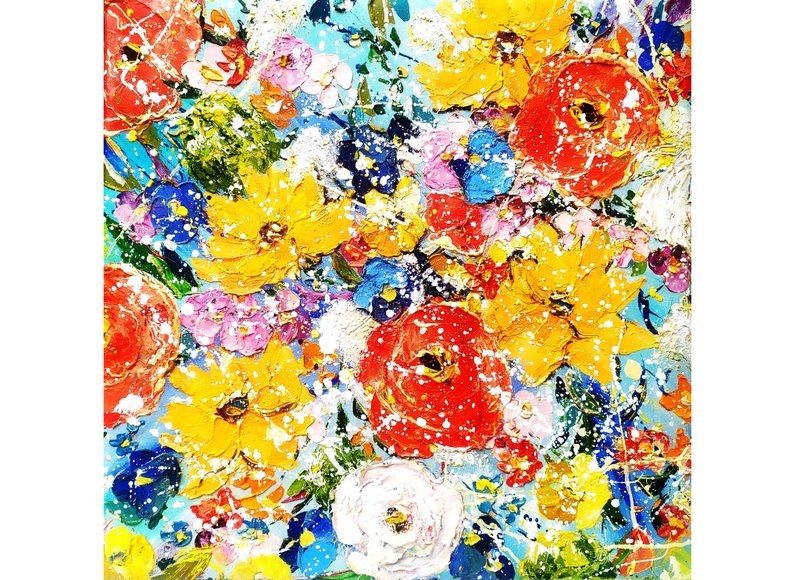 Flower Field Painting Original Art Impasto Floral Painting Wildflower 15x15 in - 壁貼/牆壁裝飾 - 其他材質 橘色