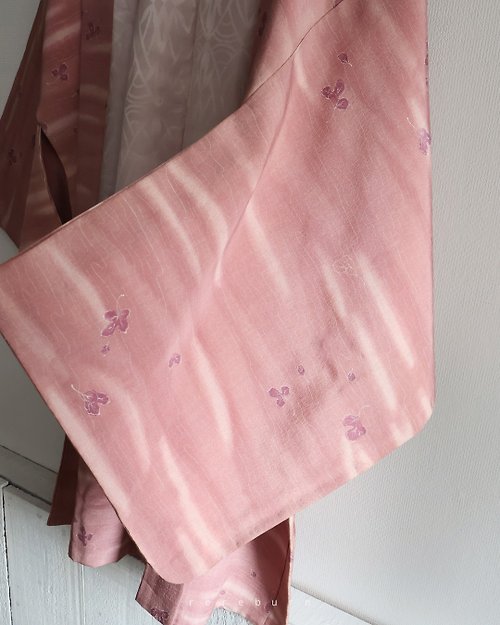 REreburn 日本製和風印花粉紅色古著羽織和服外套-瑕疵特