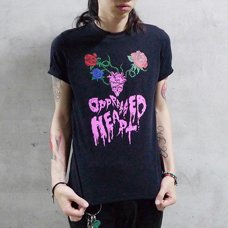 OPPRESSED HEART TEE 玫瑰荊棘骷髏心臟T恤 (黑) - T 恤 - 棉．麻 黑色