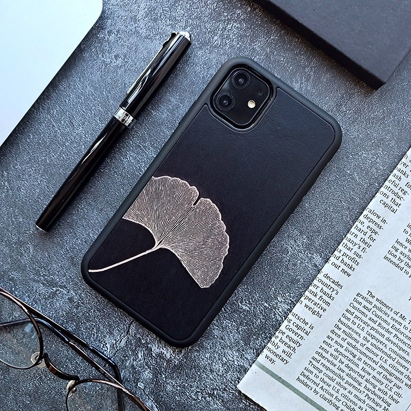 Black Ginkgo biloba iphone11 pro 78 plus x xs max xr leather phone case protective case - เคส/ซองมือถือ - หนังแท้ สีดำ