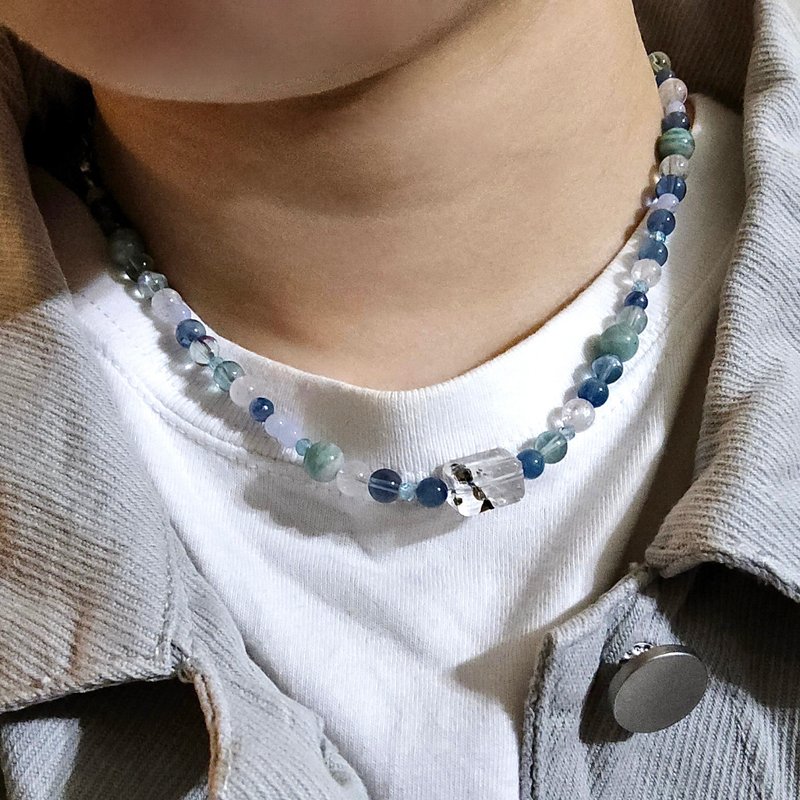 Mint Tone | Natural Mineral Crystal Blue Amethyst Stone Aquamarine Sapphire Crystal Steel Chain Necklace - สร้อยคอ - คริสตัล สีเขียว