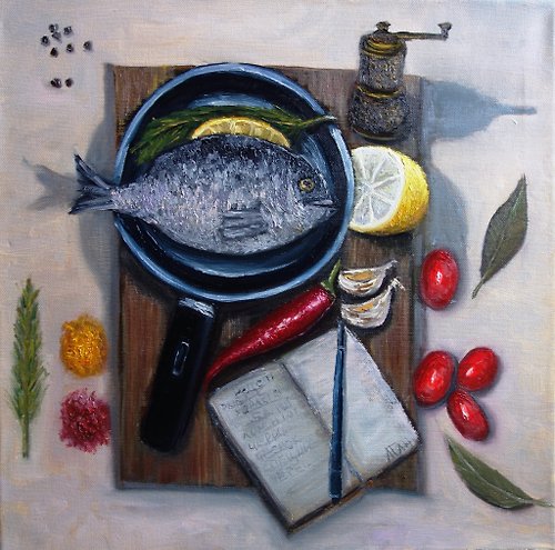 ArtshopLiliya Fish Painting Oil Kitchen Original Art Food Artwork Still Life Canvas Art
