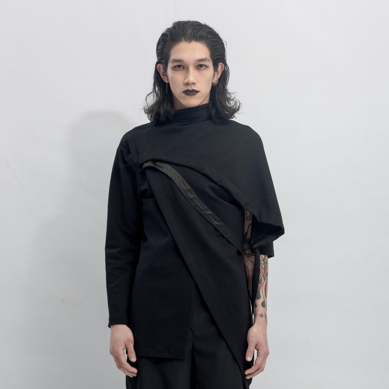 INF 袖胸片重構抽皺上衣 - 男 T 恤 - 聚酯纖維 黑色