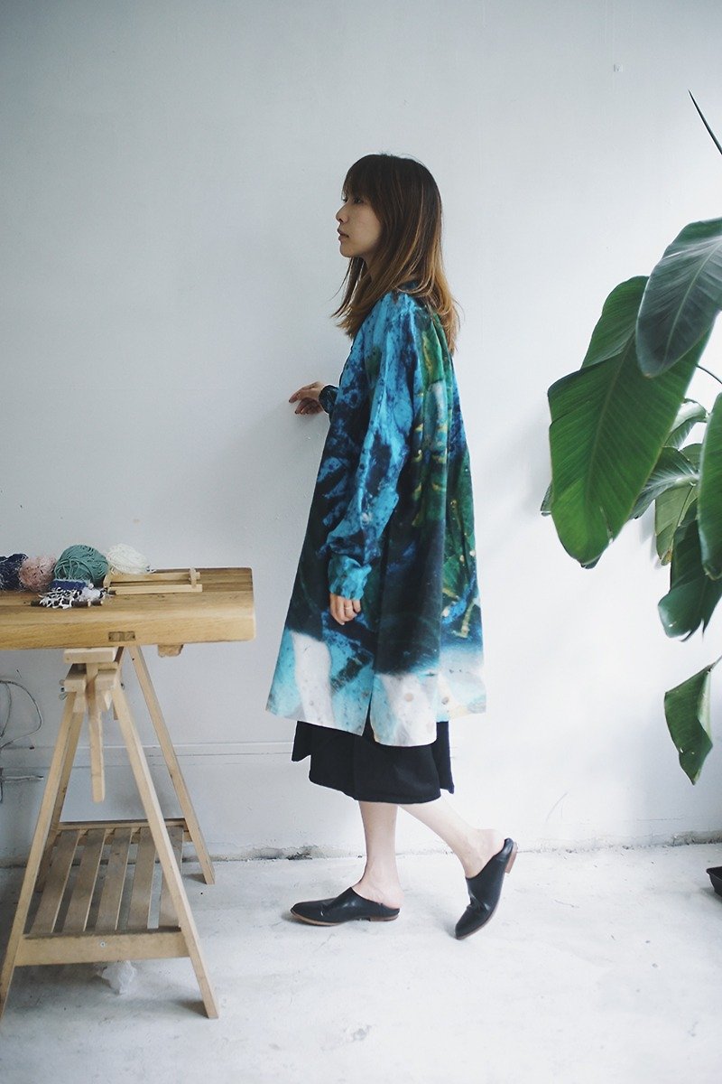Blue and green tile printed linen jacket - Women's Casual & Functional Jackets - Linen Multicolor