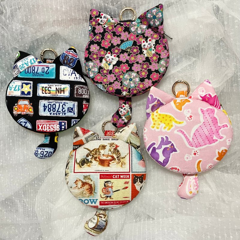 [cute] cat charm keychain zipper loose paper bag storage bag earphone bag - Coin Purses - Cotton & Hemp 