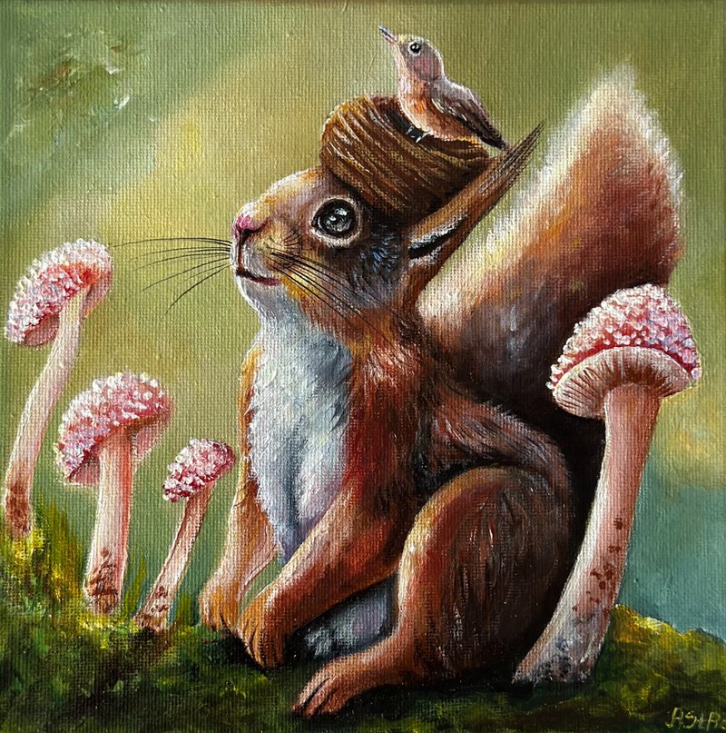 Original painting Squirrel and Bird, Red squirrel wall art, Woodland animals - 壁貼/牆壁裝飾 - 棉．麻 多色