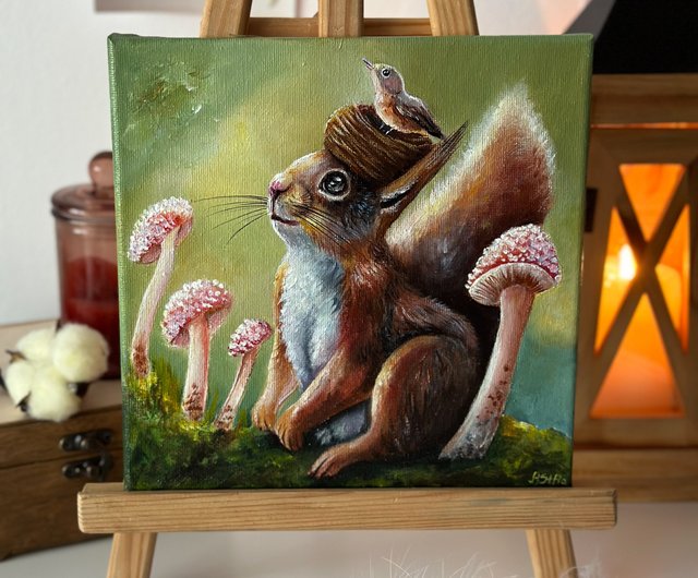 オリジナル絵画「リスと鳥」、アカリスの壁画、森の動物 - ショップ