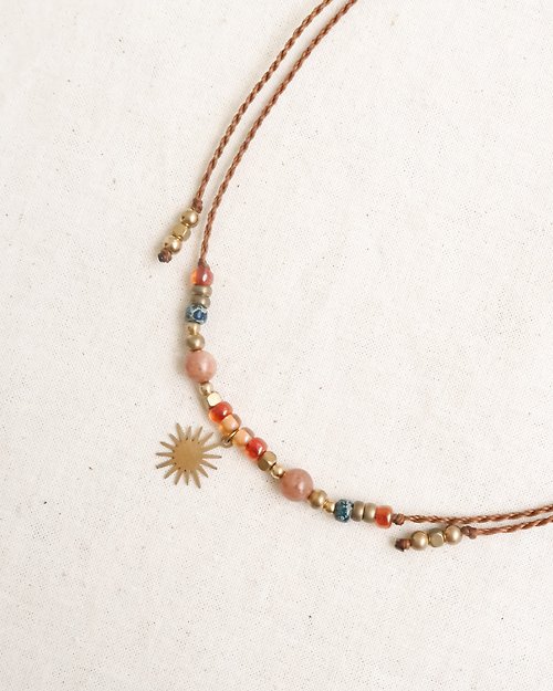 Boho Daze 【可客製】異國風 夕陽海 項鍊 太陽石 黃銅 串珠 蠟線 編織 短鏈