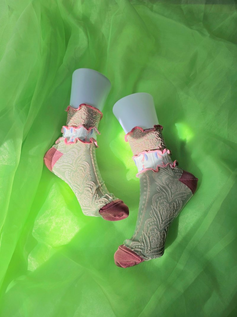 Green x Pink Spring Colors Colorful Mellow Socks Flashy Socks Unique Size 22.5-25 Women's Socks - ถุงเท้า - วัสดุอื่นๆ สีน้ำเงิน