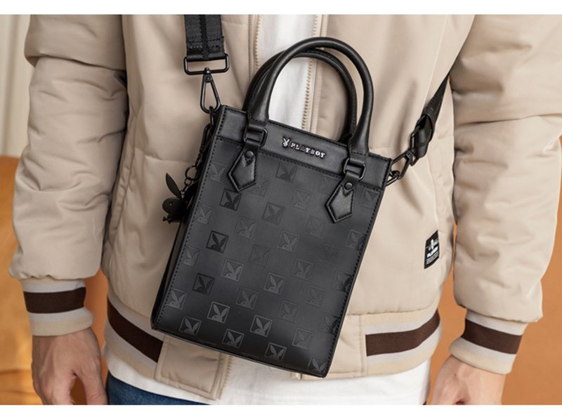 PLAYBOY - Handbag with long strap Meaningful Series - Black - กระเป๋าถือ - วัสดุอื่นๆ สีดำ