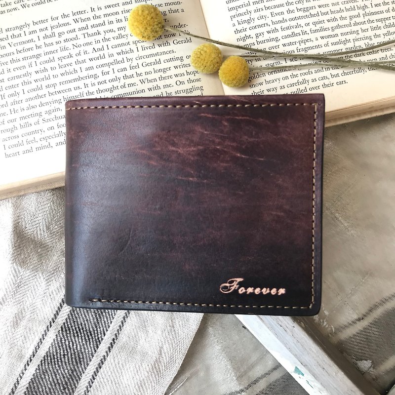 [Customized engraving] Hand-dyed vintage brushed genuine leather short flip clip/wallet for graduation season - Wallets - Genuine Leather Brown
