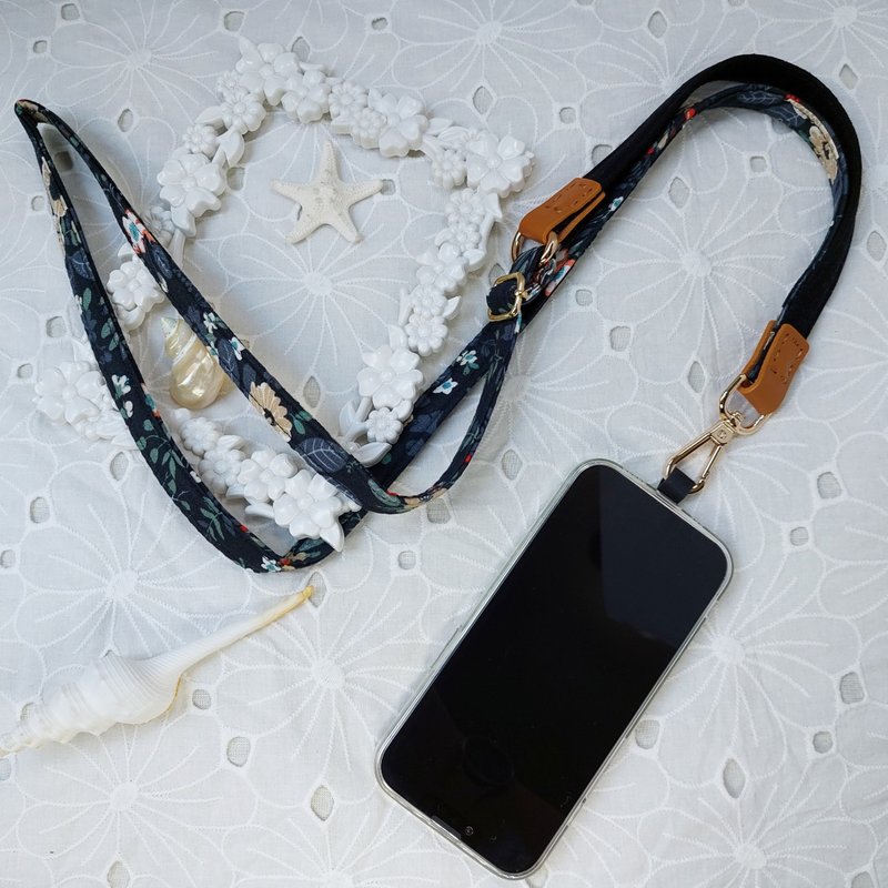 Three-in-one multi-functional black flower flower Korean cotton mobile phone oblique strap / oblique strap / back rope / - Lanyards & Straps - Cotton & Hemp Black