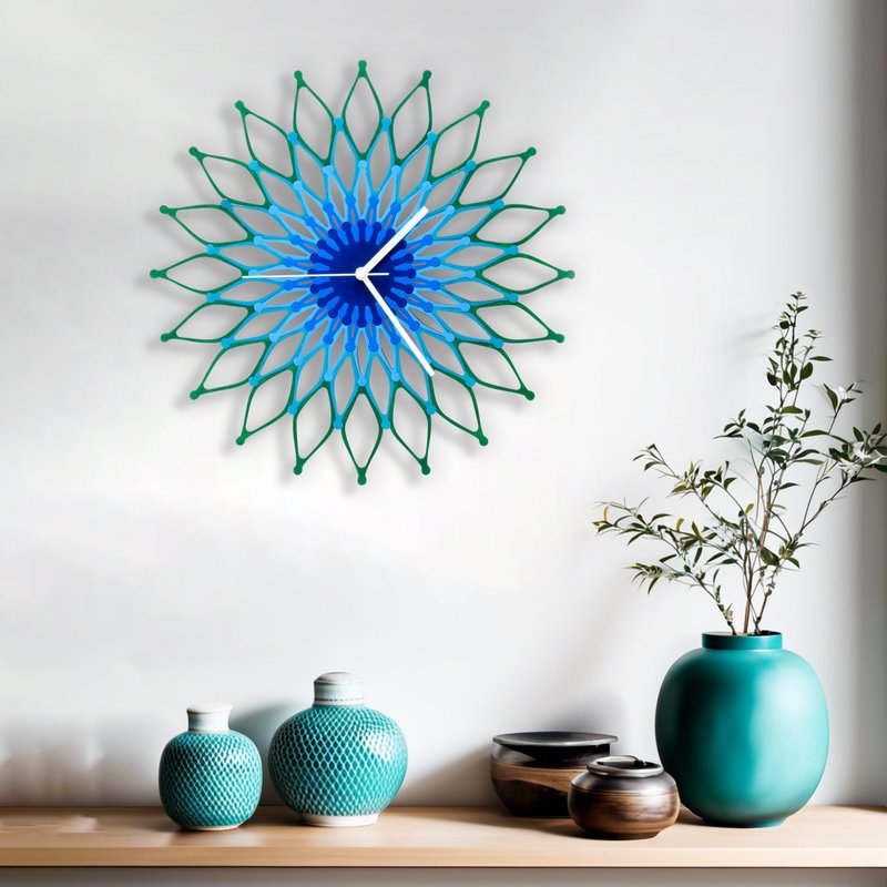 European simple wood wall clock // Fireworks Peacock - Clocks - Wood Blue