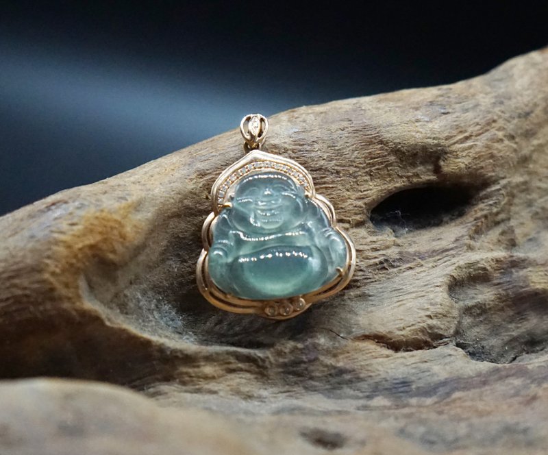 【Avincère】Natural A Goods Jade Maitreya Buddha 18K Gold Pendant ll with Gift Box/Certificate - สร้อยคอ - เครื่องเพชรพลอย ขาว
