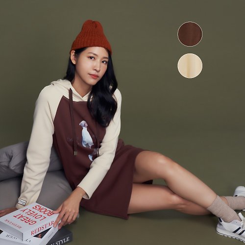 MEDUSA LADY 【MEDUSA】美式米棕撞色休閒帽T洋裝 -2色 (M-XL) | 女休閒洋裝