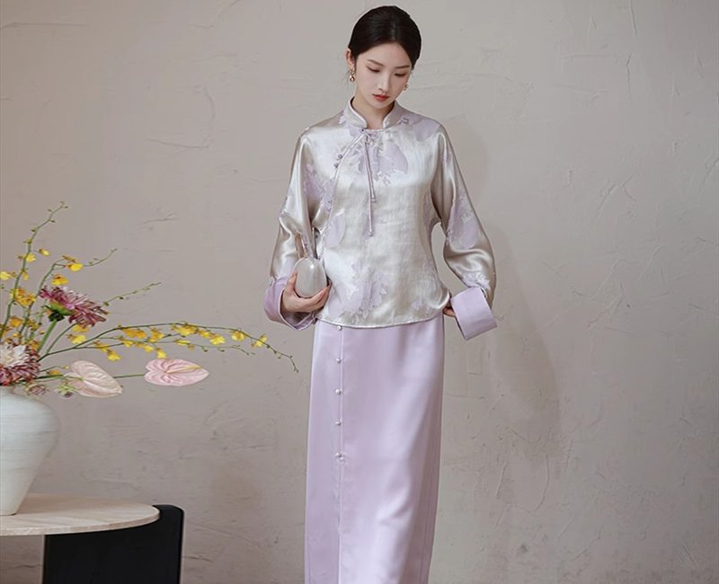 New Chinese style two-color jacquard button jacket/skirt - Women's Tops - Silk Purple