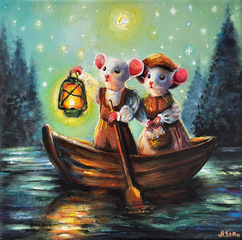 Mice in boat painting, Fairy art, Mouse wall art, Cute animals, Whimsical art - 壁貼/牆壁裝飾 - 棉．麻 多色