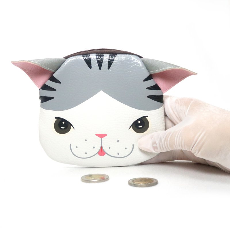 【雙11折扣】Gray and White Cat coin purse ,small wallet bag with zip.various card poc - 零錢包/小錢包 - 人造皮革 白色