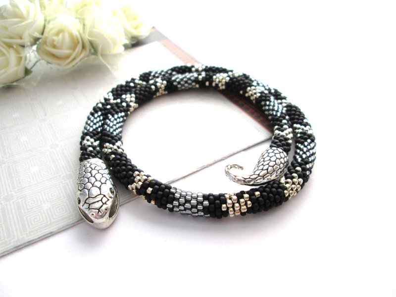 Snake striped Gray Silver beaded bracelet Ouroboros jewelry for her Witch bracel - Bracelets - Other Materials Gray