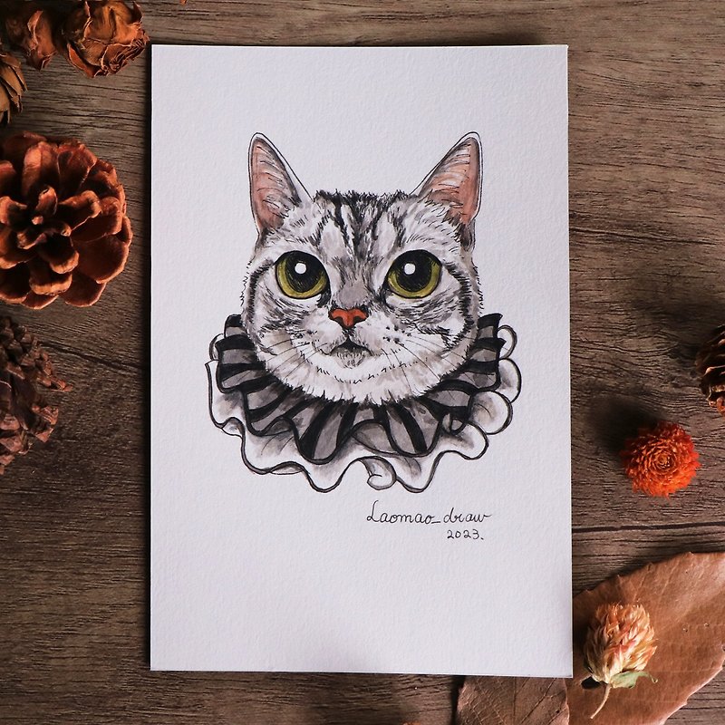 Watercolor illustration original cat head portrait 4X6 6 inches 4001 Silver tabby and ruff collar - Posters - Paper 