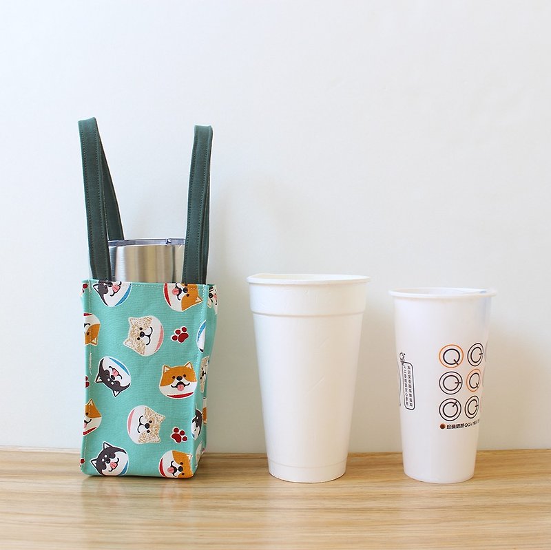Shiba Inu Smile - Green Beverage Bag (Large) Green Cup Bag Ice Bass Cup Bag - Beverage Holders & Bags - Cotton & Hemp 