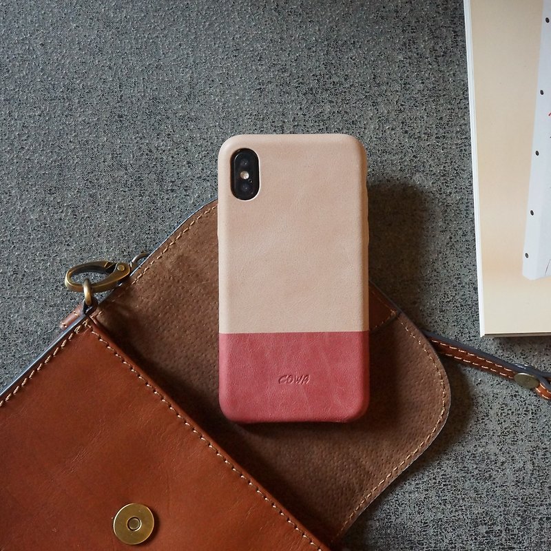 iPhone X two-tone leather phone case - quartz powder / coral red / no card / - Phone Cases - Genuine Leather Pink
