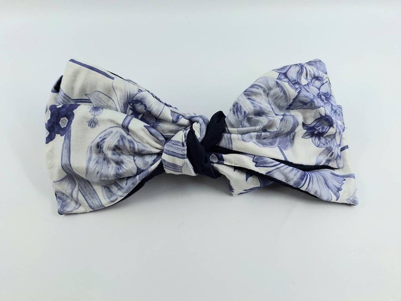 Petitbebetw white background blue flower double-layer double-sided large bow headband - Headbands - Cotton & Hemp Blue