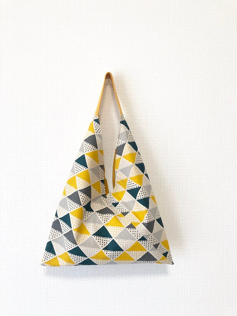 手提-shaped handbag / Japanese origami bag - yellow triangle + rhubarb point - กระเป๋าถือ - ผ้าฝ้าย/ผ้าลินิน สีส้ม