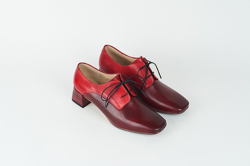 4.6 Square Toe Derby Heels-Claret - Women's Oxford Shoes - Genuine Leather Red