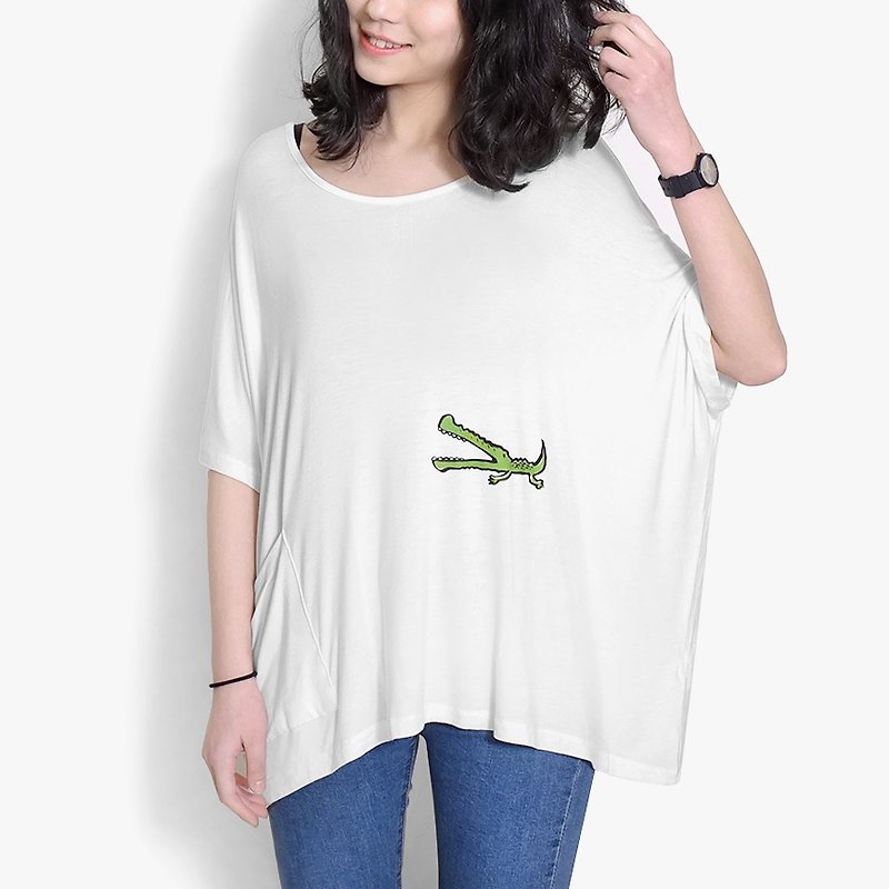 [Limited to eight] small crocodile difficulty / wide soft white T - เสื้อยืดผู้หญิง - ผ้าฝ้าย/ผ้าลินิน ขาว
