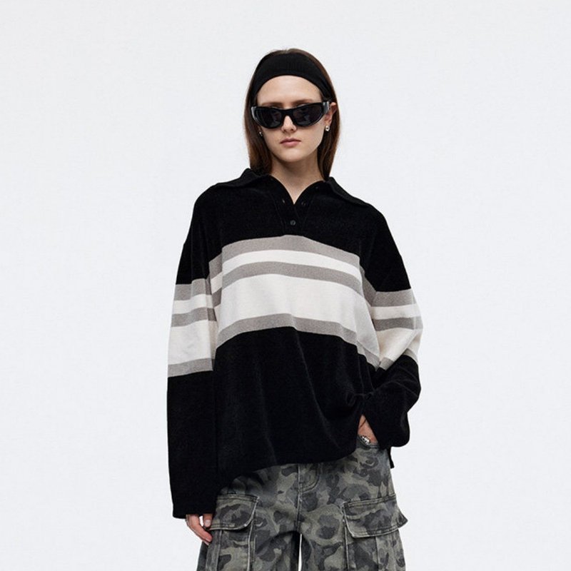 Black Velvet-Lustrous, Soft, Delicate, Versatile Top; Loose, Wide-Striped, Color-Blocked, Long-Sleeved, Collared Polo Shirt - Women's Sweaters - Polyester Black